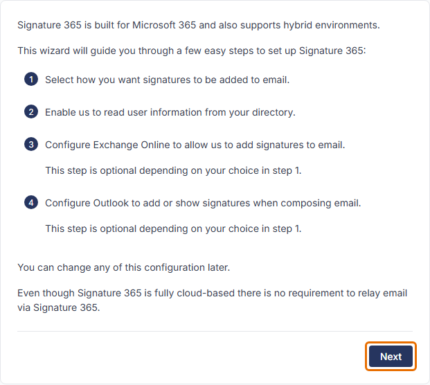 Setup wizard introduction with the Next link highlighted.